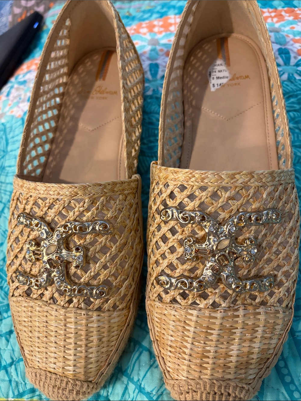 Sam Edelman Natural Raffia Loafers with Gold Crystal Emblem